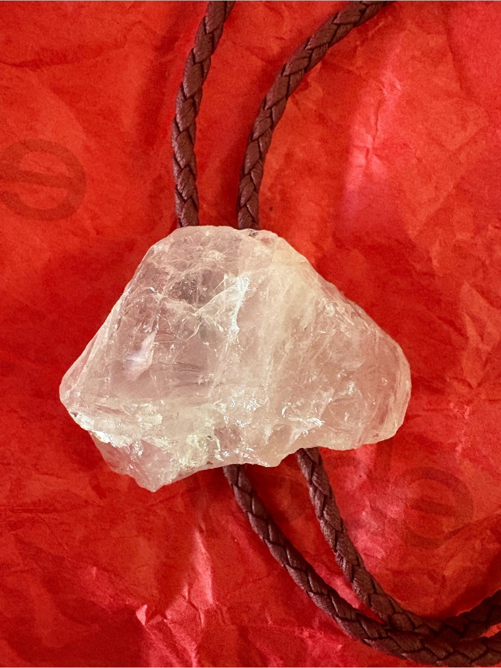 Raw Clear Quartz Stone Necklace on Braided Brown Cord Bolo Tie